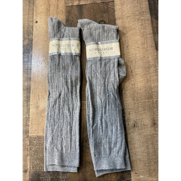 Vintage NORDSTROM Grey Ribbed Knee High Socks Set 2 Pair New Tags 9-11 Retro - Picture 1 of 15